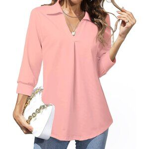 Women Pink Work Blouse Collared V Neck Shirt Loose Fit Top For Public Occasion
